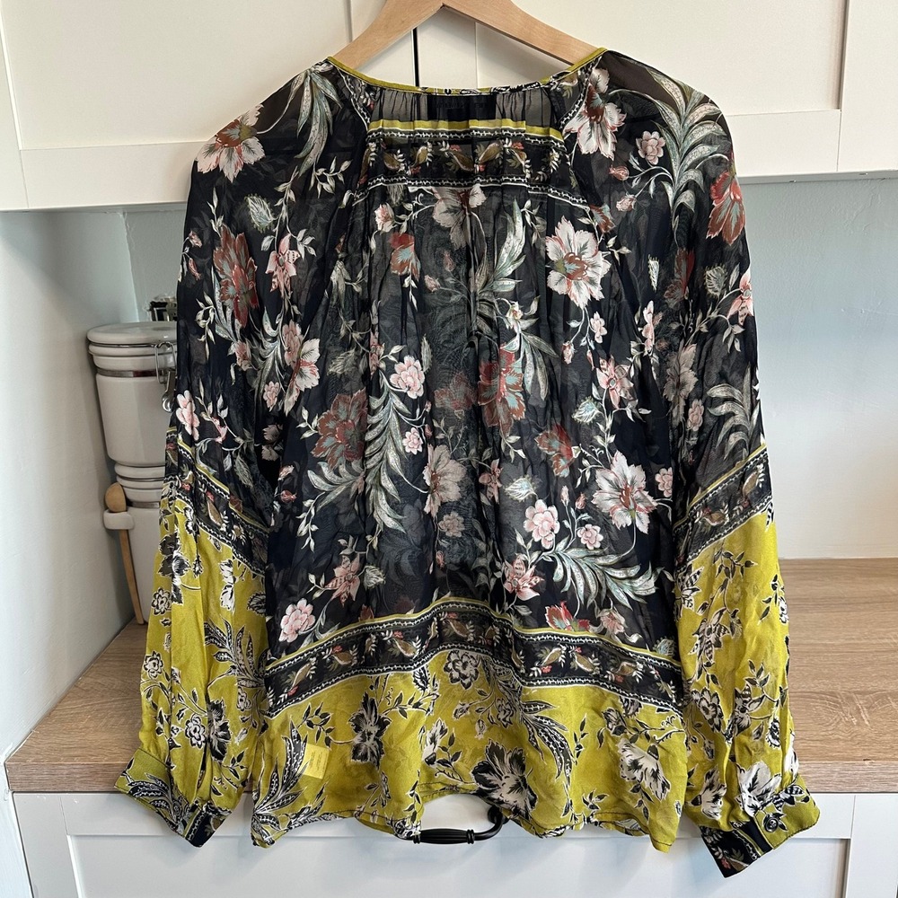 Fifteen Twenty Blouse Womens Small Black Yellow Floral Boho Sheer Viscose Whimsy